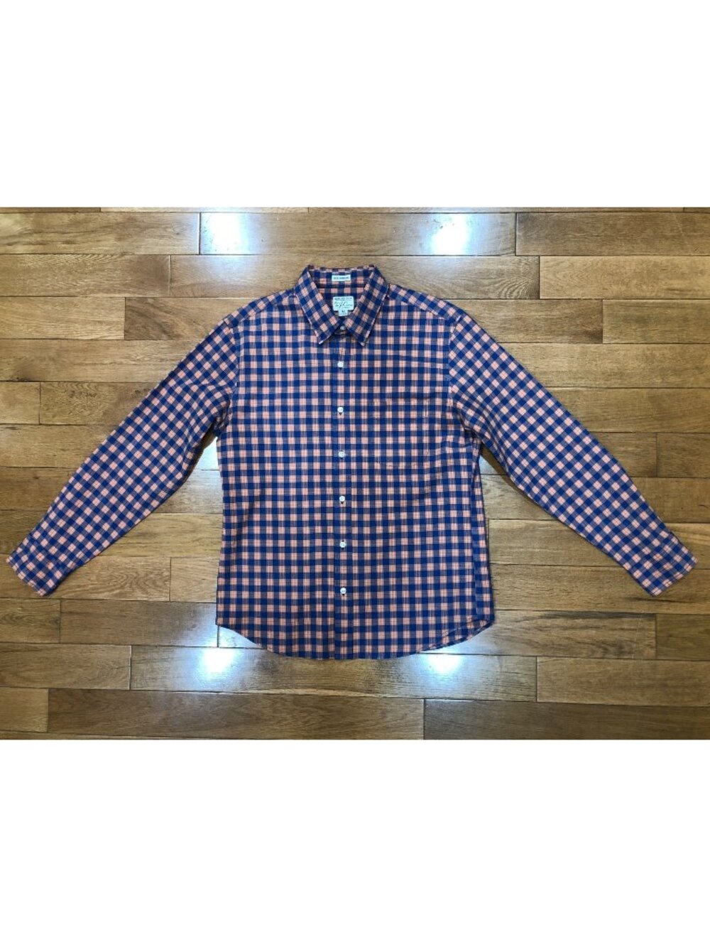 J Crew Slim Untucked Organic Cotton Orange Blue Plaid Button Front Shirt Size M